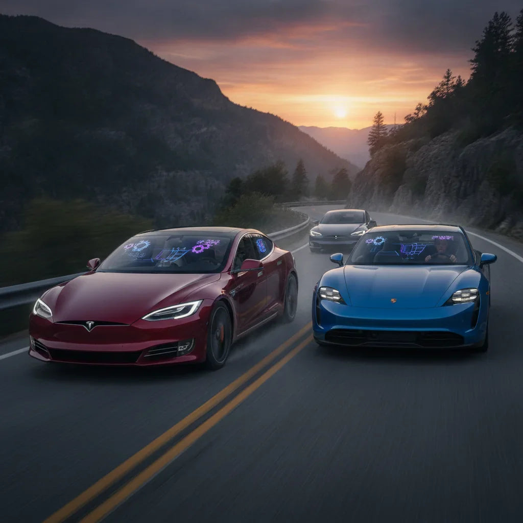 Editorial photo-realistic HERO image for automotive news (2026-06-07). Feature Tesla and Porsche vehicles specifically Model S, Taycan. Scene: An exci
