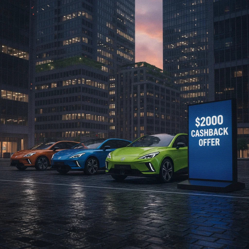 Editorial photo-realistic HERO image for automotive news (2026-09-14). Feature MG vehicles specifically MG 4 Urban. Scene: A vibrant cityscape featuri