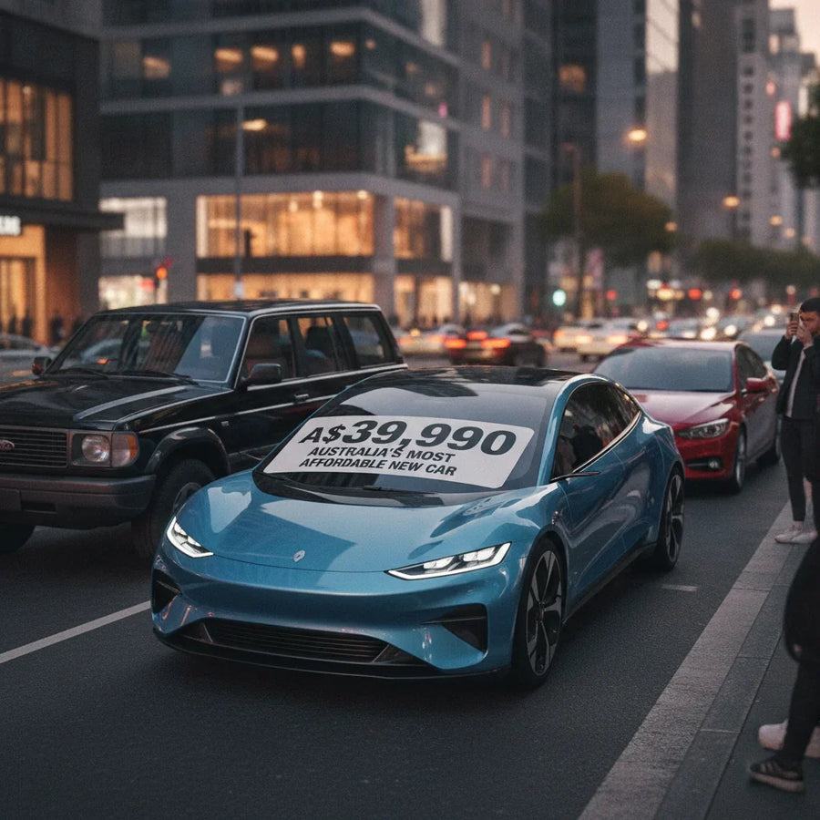 Editorial photo-realistic HERO image for automotive news (2026-09-15). Feature BrandX and BrandY vehicles specifically specific EV model from BrandX. 