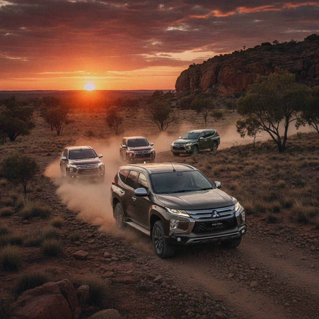 Editorial photo-realistic HERO image for automotive news (2026-09-17). Feature Mitsubishi vehicles specifically Pajero Sport. Scene: A rugged Pajero S