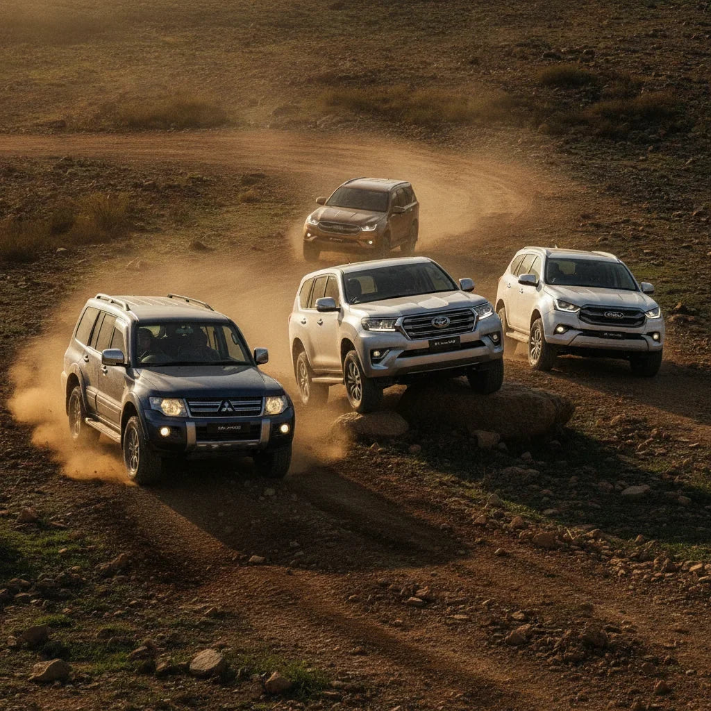 Editorial photo-realistic HERO image for automotive news (2026-10-04). Feature Mitsubishi and Toyota and Ford and Isuzu vehicles specifically Pajero, 