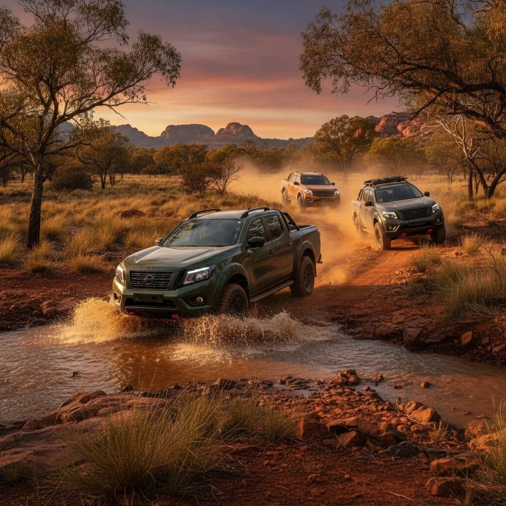 Editorial photo-realistic HERO image for automotive news (2026-10-08). Feature Nissan vehicles specifically 2027 Nissan Navara Pro PHEV. Scene: A rugg