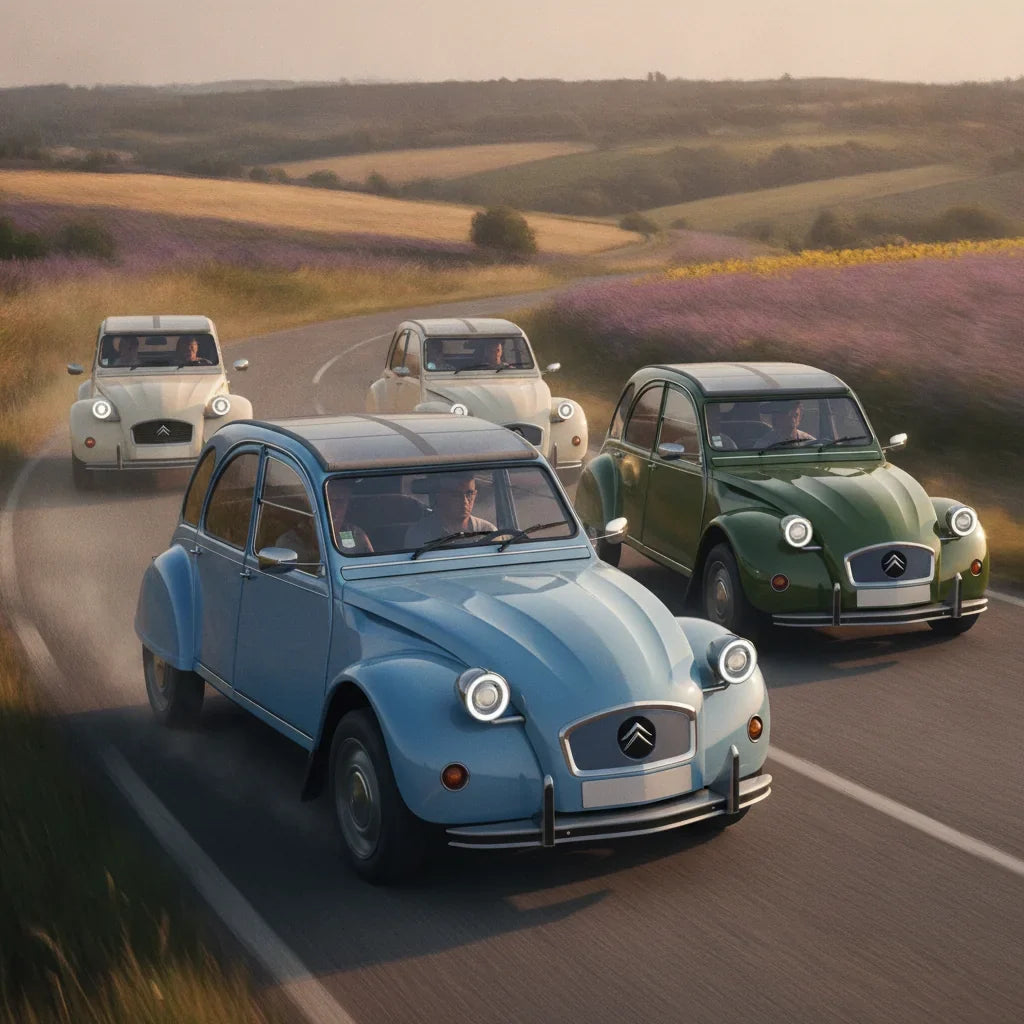 Editorial photo-realistic HERO image for automotive news (2026-10-12). Feature Citroen vehicles specifically 2CV EV. Scene: A classic Citroen 2CV EV d