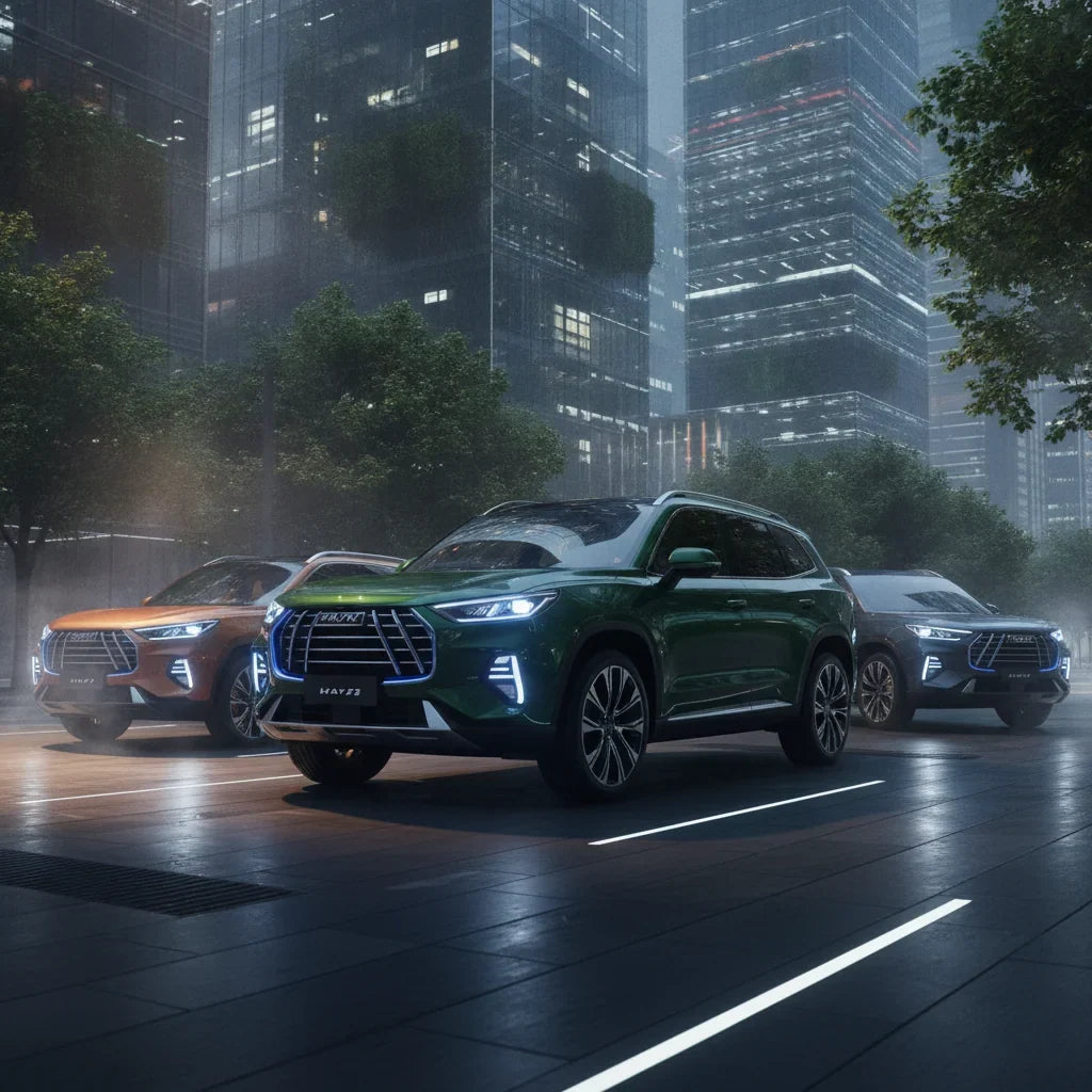 Editorial photo-realistic HERO image for automotive news (2026-10-29). Feature GWM vehicles specifically Haval H7. Scene: The new GWM Haval H7 promine