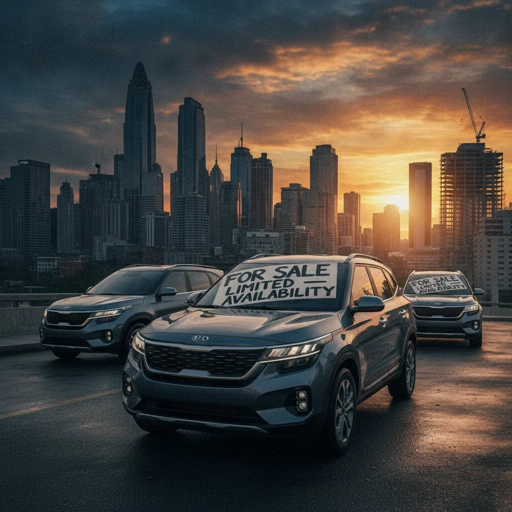 Editorial photo-realistic HERO image for automotive news (2026-10-30). Feature Kia vehicles specifically Seltos. Scene: A dramatic cityscape at sunset