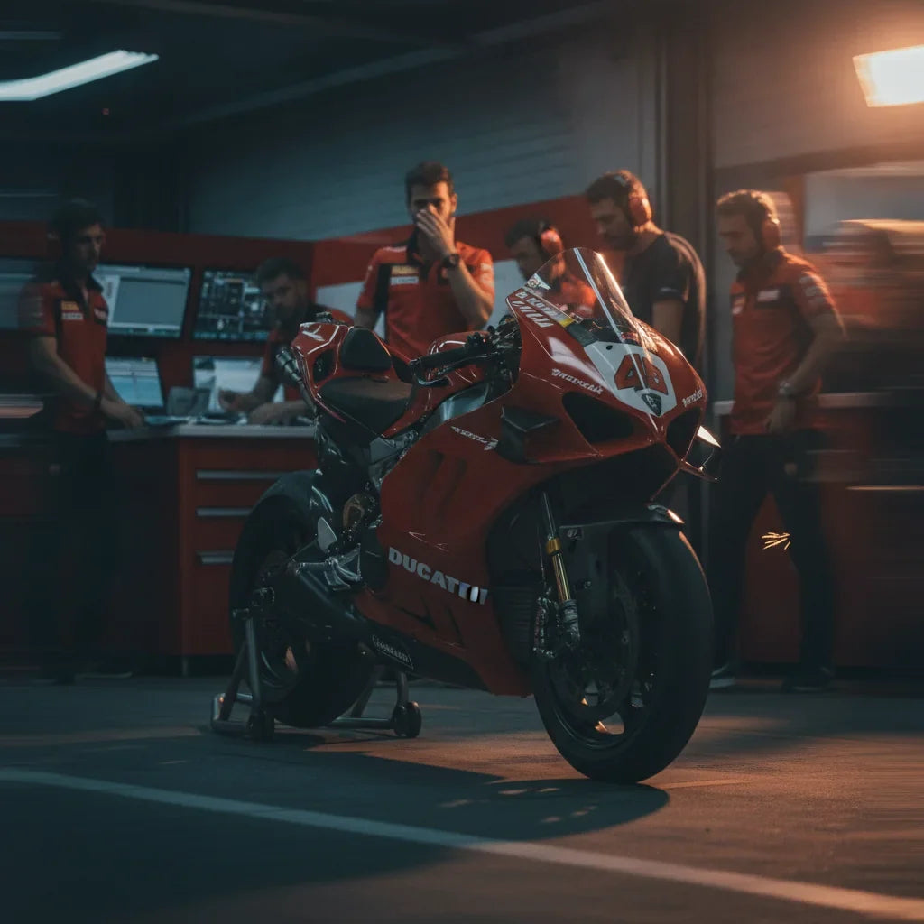 Editorial automotive photography: Ducati Desmosedici GP as the hero subject. Context: Jorge Martin's withdrawal from the Malaysian GP affects his titl