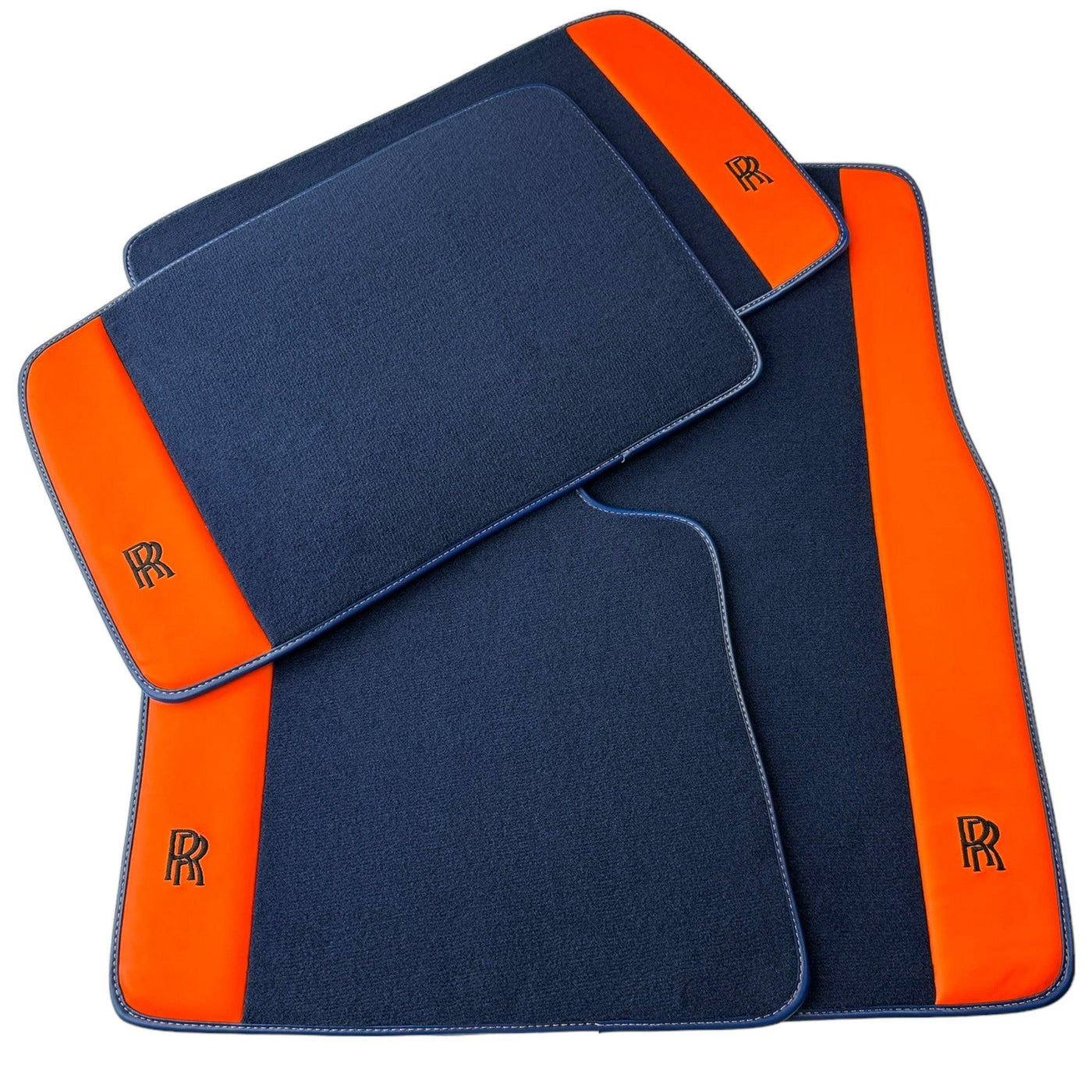 Dark Blue Floor Mats for Rolls Royce Cullinan with Orange Leather - AutoWin
