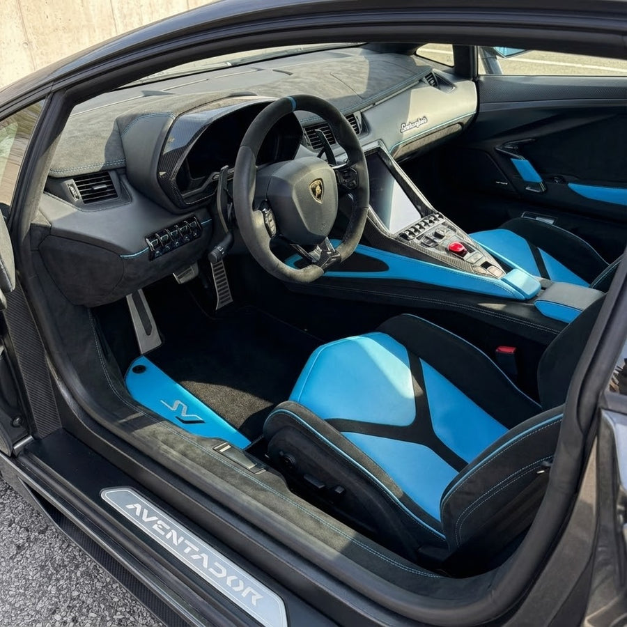 Black Floor Mats for Lamborghini Aventador SVJ with Blue Leather