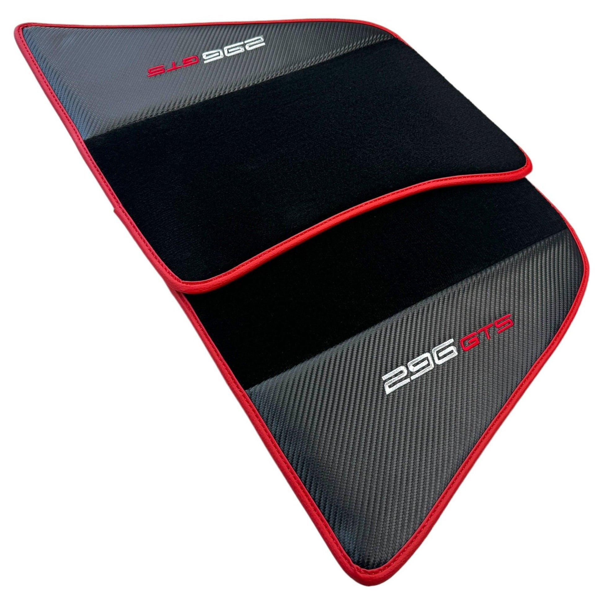 Black Floor Mats for Ferrari 296 GTS (2022-2024) with Carbon Fiber | Red Trim - AutoWin