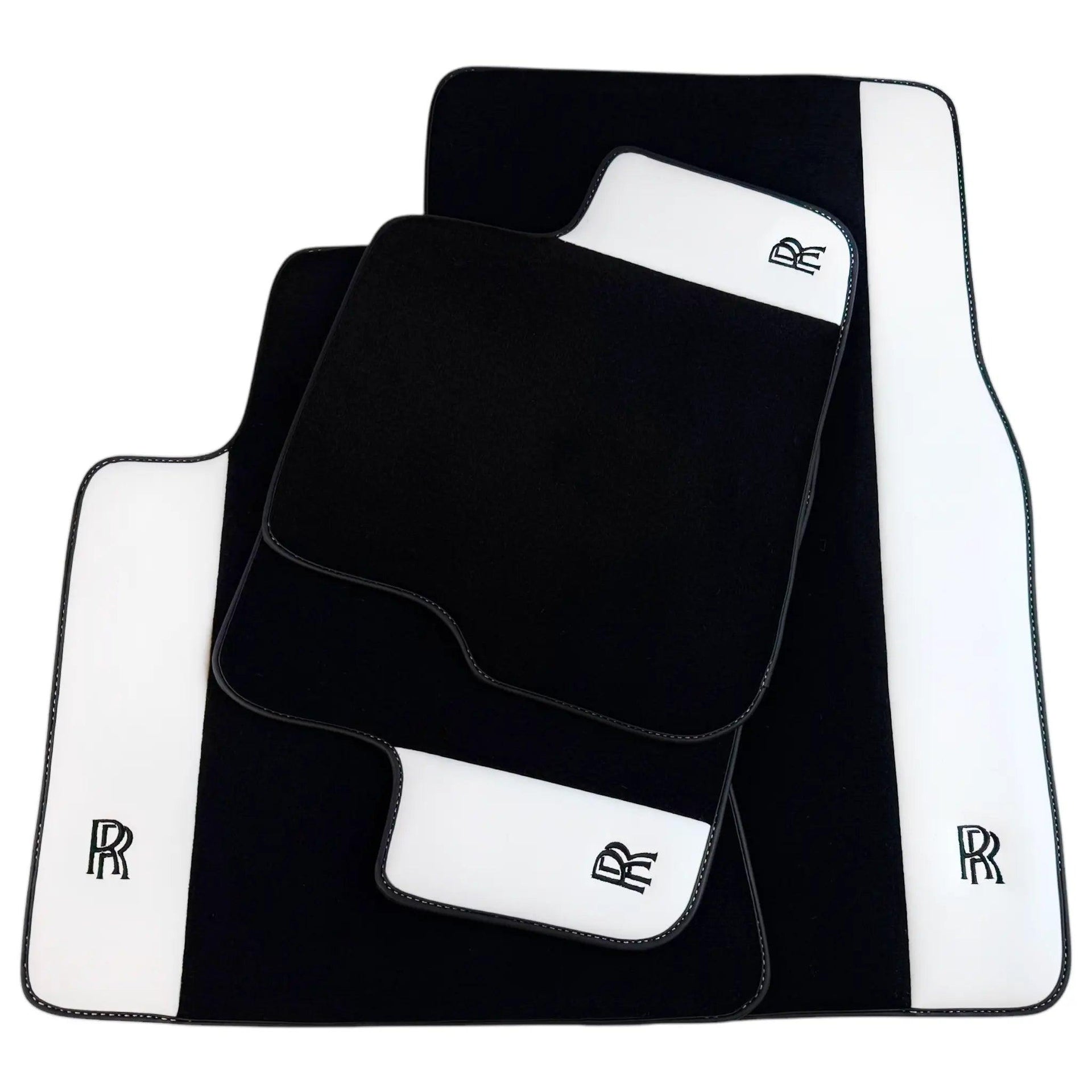Black Floor Mats for Rolls Royce Spectre (2023-2024) with White Leather | RR Logo