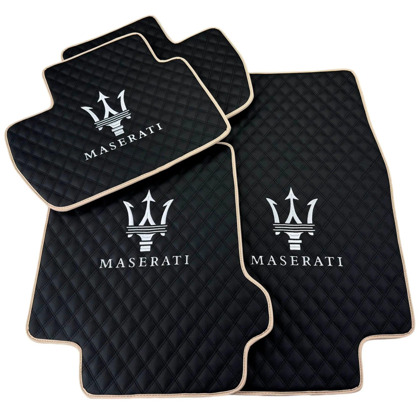 Black Stitched Leather Floor Mats with Logo for Maserati GranCabrio MC (2013-2019) | Beige Trim - AutoWin