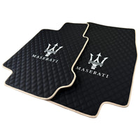 Black Stitched Leather Floor Mats with Logo for Maserati GranCabrio MC (2013-2019) | Beige Trim - AutoWin