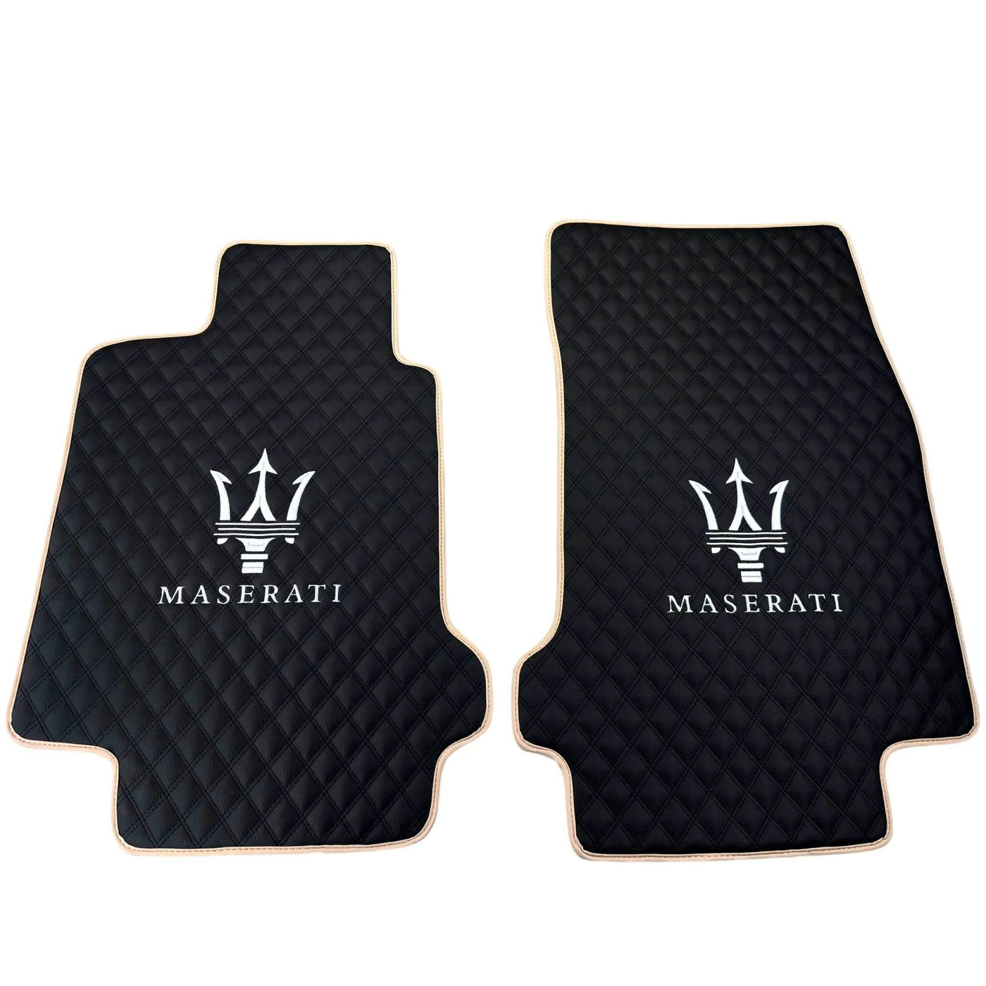 Black Stitched Leather Floor Mats with Logo for Maserati GranCabrio MC (2013-2019) | Beige Trim - AutoWin