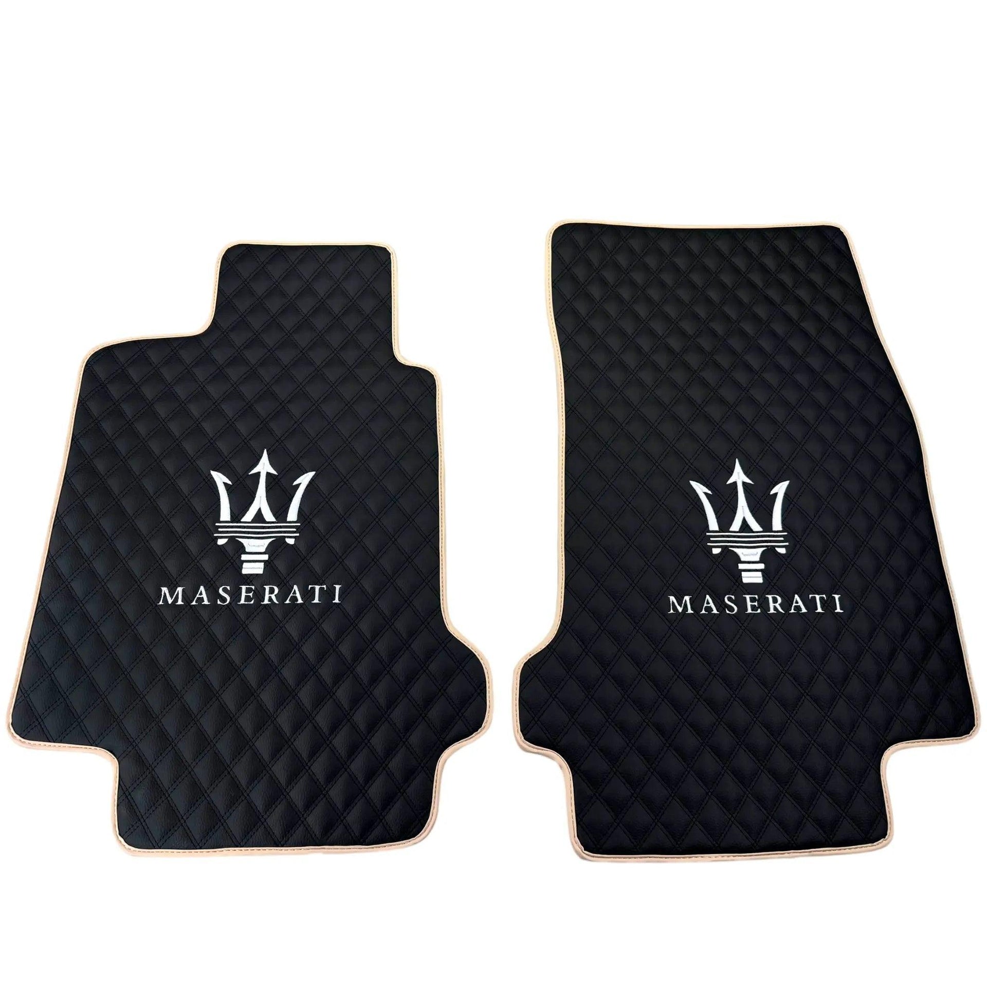 Black Stitched Leather Floor Mats with Logo for Maserati GranCabrio MC (2013-2019) | Beige Trim - AutoWin