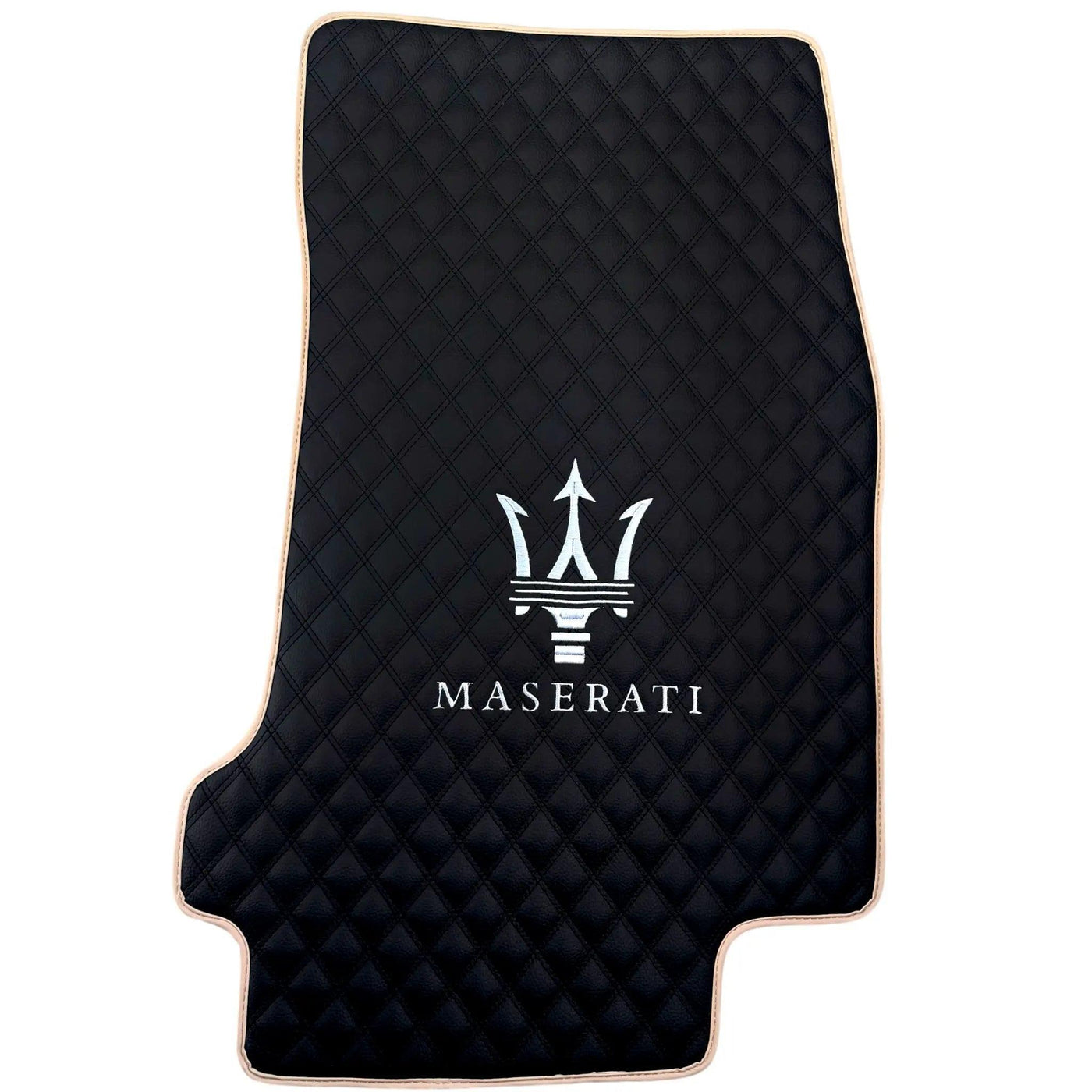 Black Stitched Leather Floor Mats with Logo for Maserati GranCabrio MC (2013-2019) | Beige Trim - AutoWin