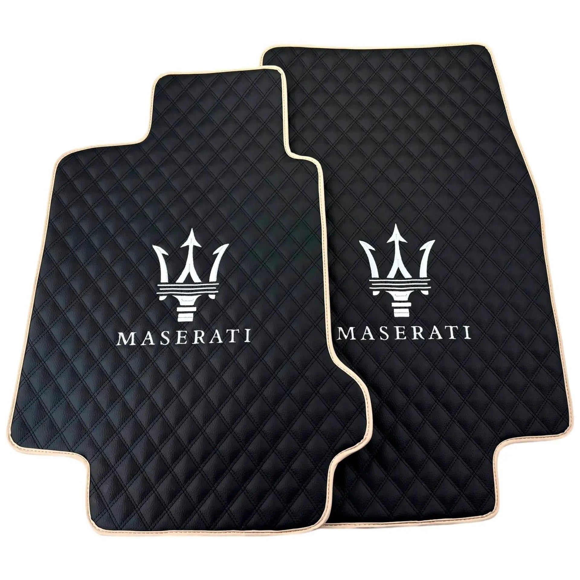 Black Stitched Leather Floor Mats with Logo for Maserati GranTurismo MC Stradale (2011-2015) | Beige Trim - AutoWin
