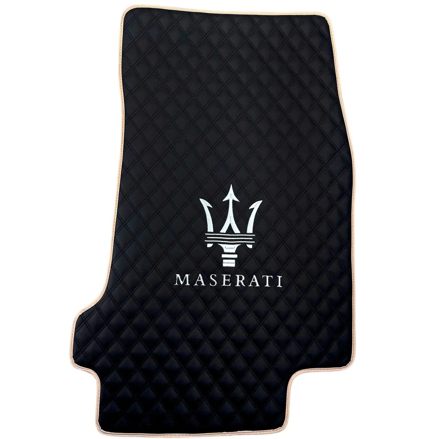 Black Stitched Leather Floor Mats with Logo for Maserati GranTurismo MC Stradale (2011-2015) | Beige Trim - AutoWin