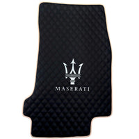 Black Stitched Leather Floor Mats with Logo for Maserati GranTurismo MC Stradale (2011-2015) | Beige Trim - AutoWin