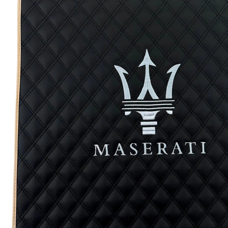 Black Stitched Leather Floor Mats with Logo for Maserati GranTurismo MC Stradale (2011-2015) | Beige Trim - AutoWin