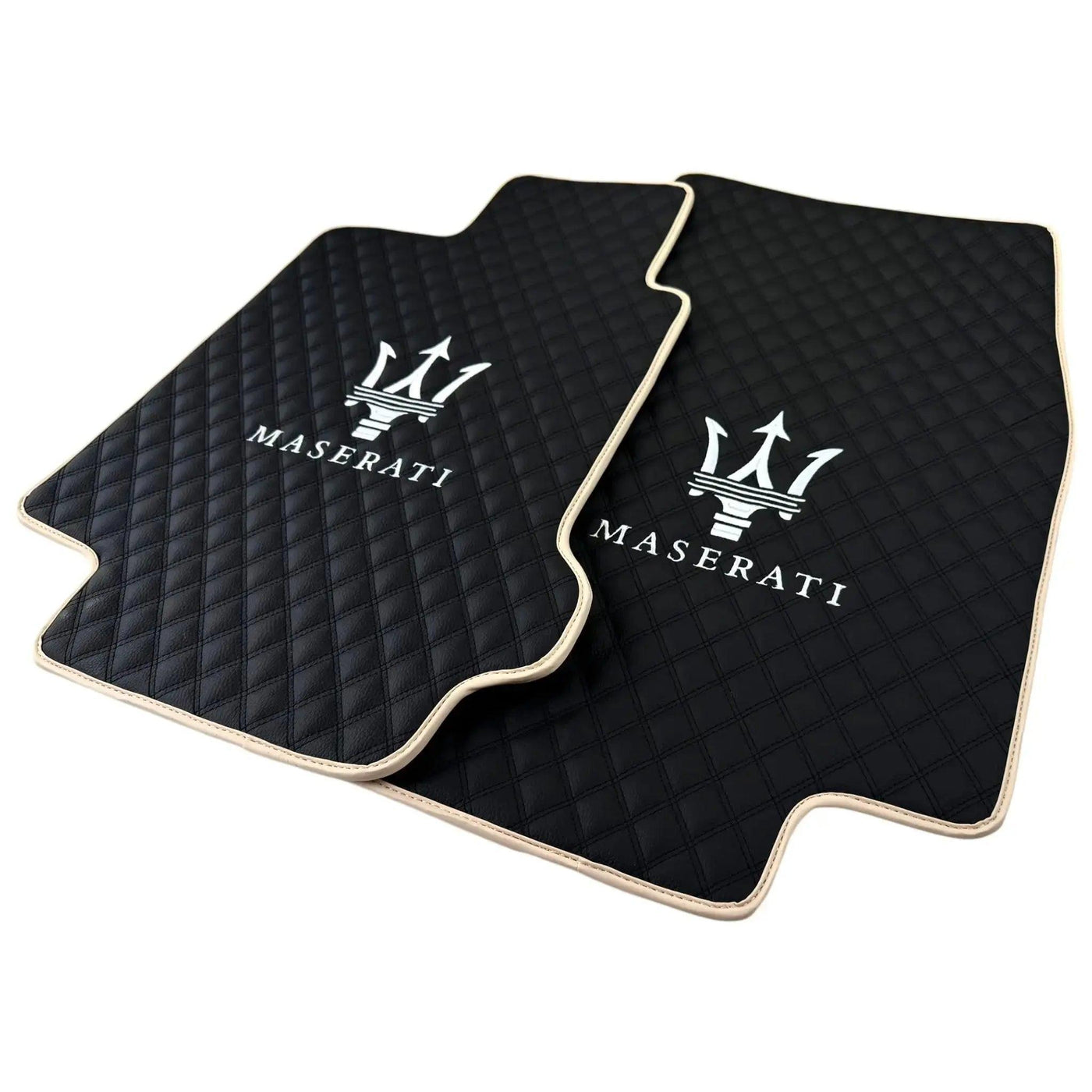 Black Stitched Leather Floor Mats with Logo for Maserati GranTurismo MC (2009-2010) | Beige Trim - AutoWin