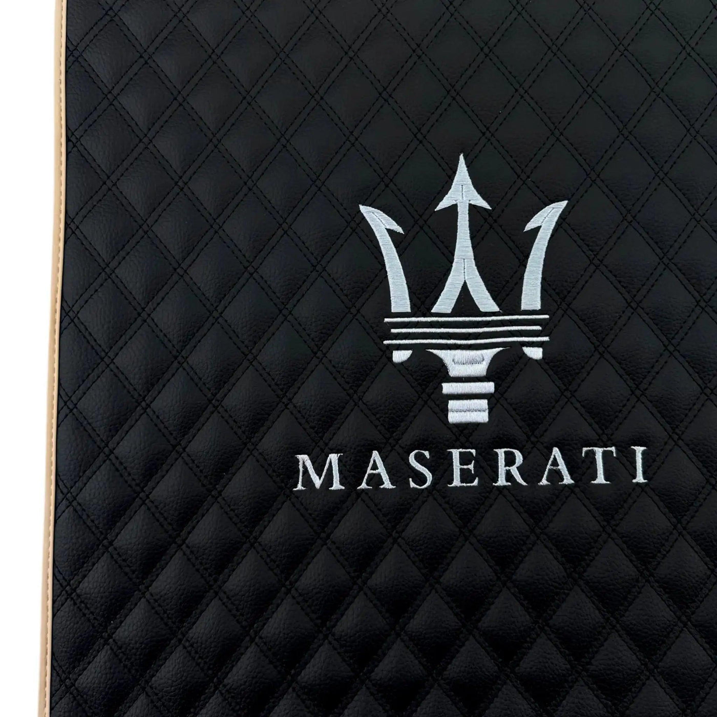 Black Stitched Leather Floor Mats with Logo for Maserati GranTurismo MC (2009-2010) | Beige Trim - AutoWin