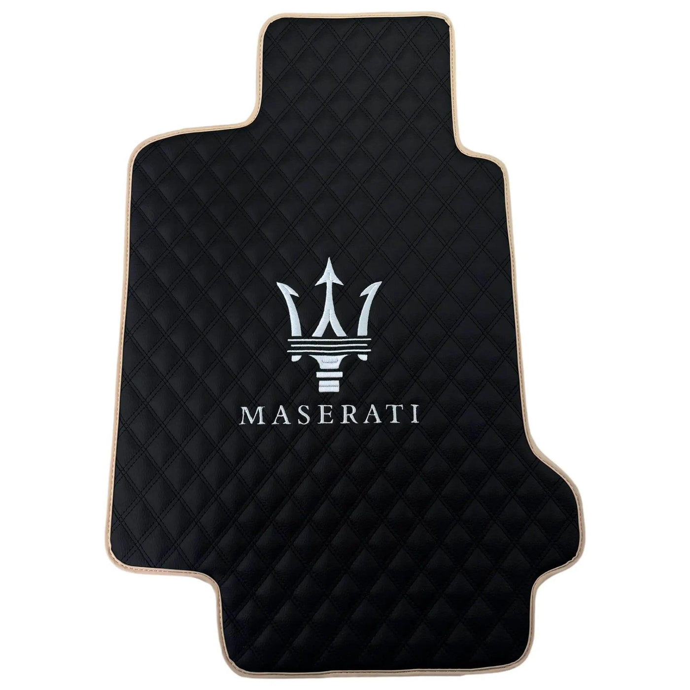 Black Stitched Leather Floor Mats with Logo for Maserati GranTurismo MC (2009-2010) | Beige Trim - AutoWin