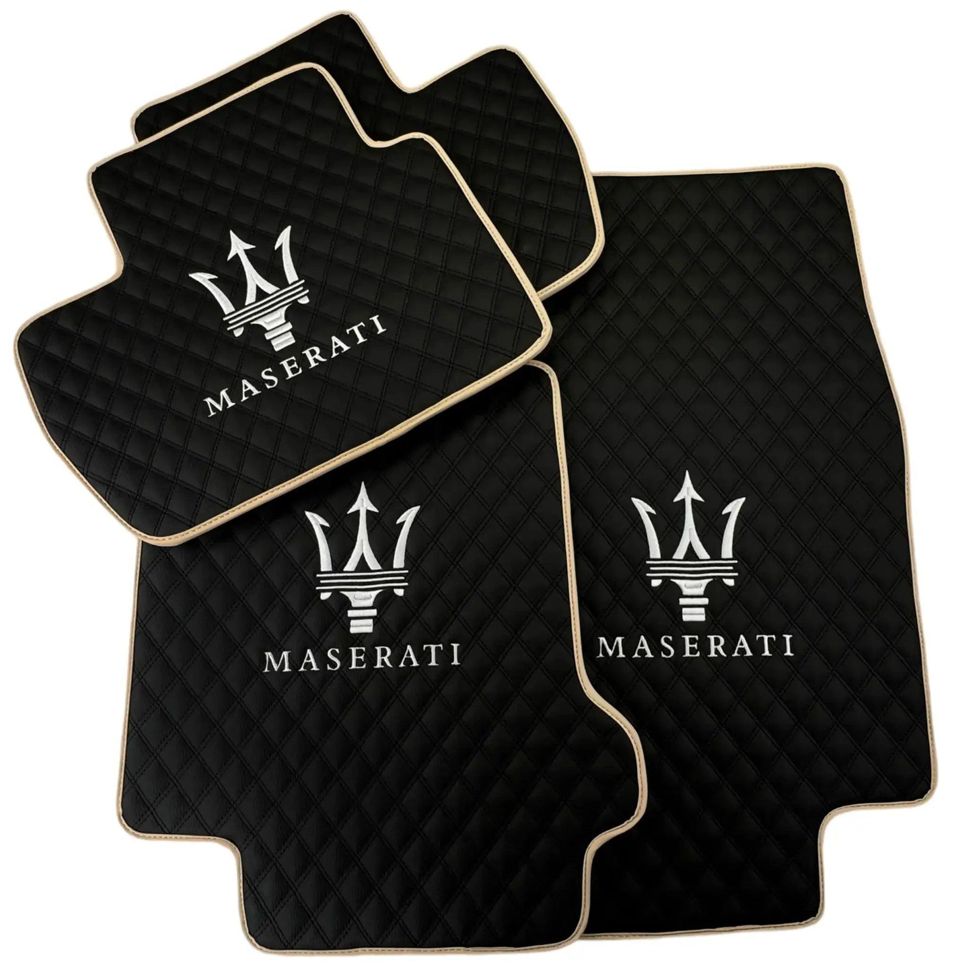 Black Stitched Leather Floor Mats with Logo for Maserati GranTurismo Sportline (2009-2019) | Beige Trim - AutoWin