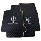 Black Stitched Leather Floor Mats with Logo for Maserati GranTurismo Sportline (2009-2019) | Beige Trim - AutoWin