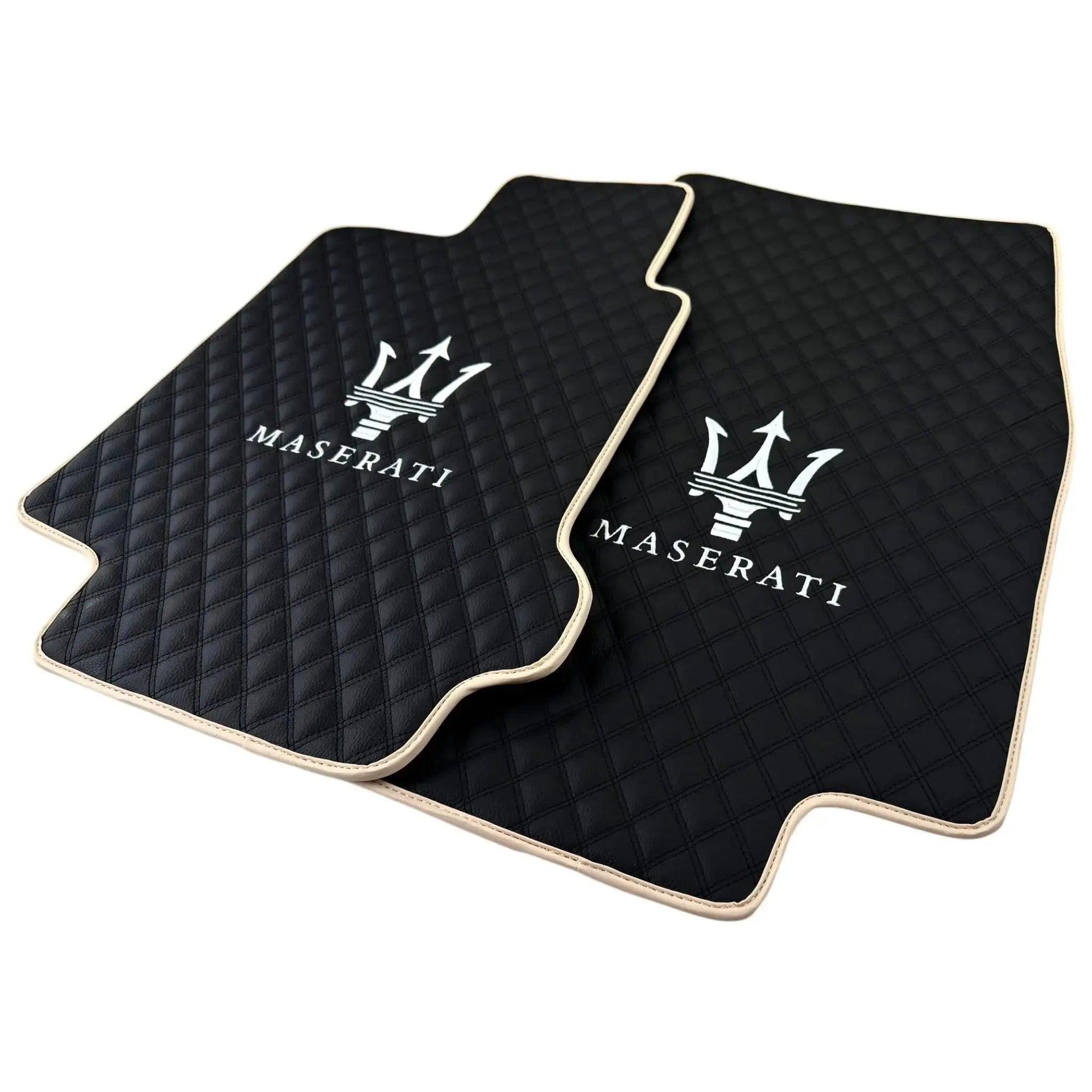 Black Stitched Leather Floor Mats with Logo for Maserati GranTurismo Sportline (2009-2019) | Beige Trim - AutoWin