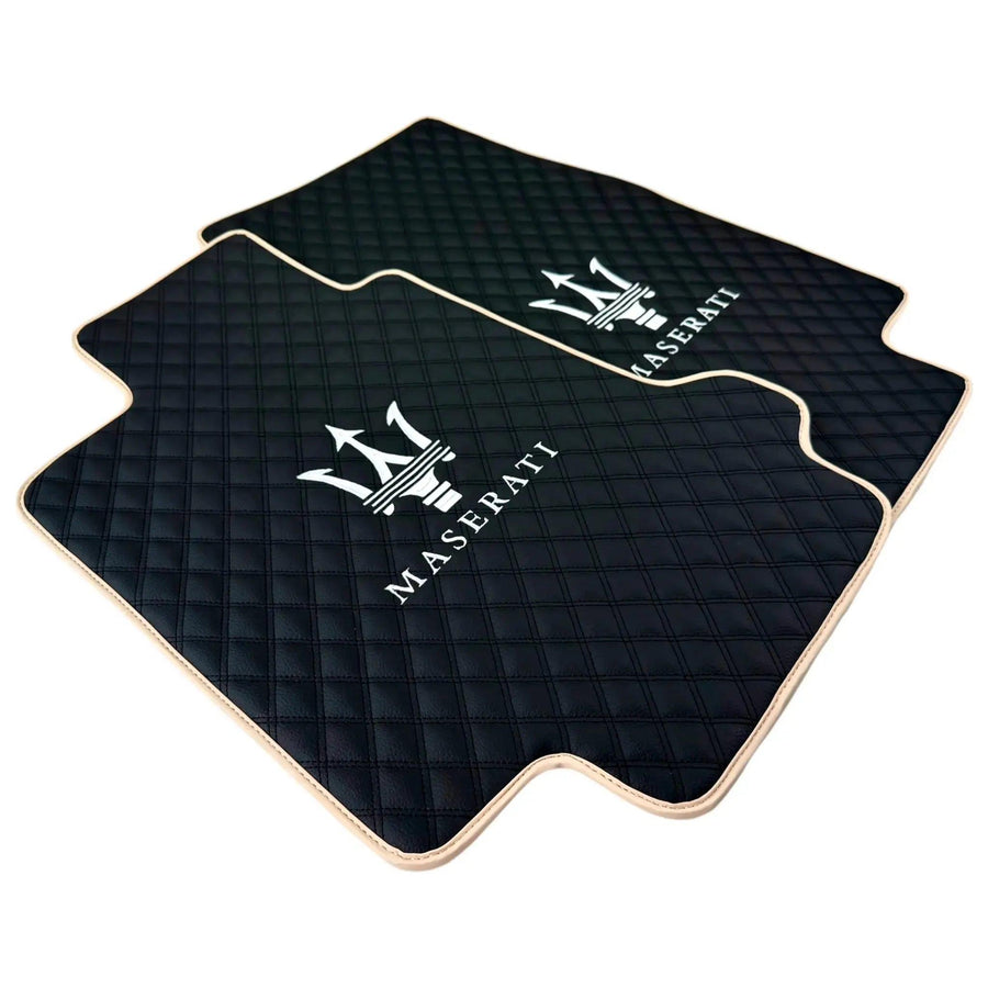 Black Stitched Leather Floor Mats with Logo for Maserati GranTurismo Sportline (2009-2019) | Beige Trim - AutoWin