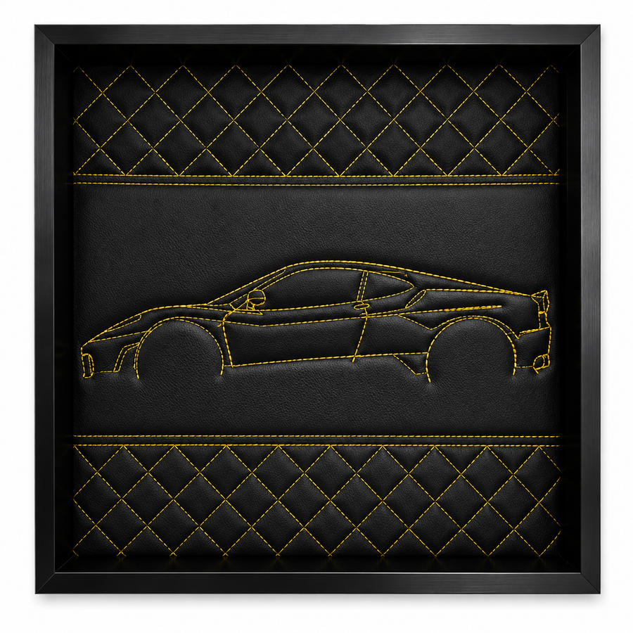 Von schwarzem Leder inspirierte Wandkunst: Besticktes Luxusdekor mit gelben Stichen