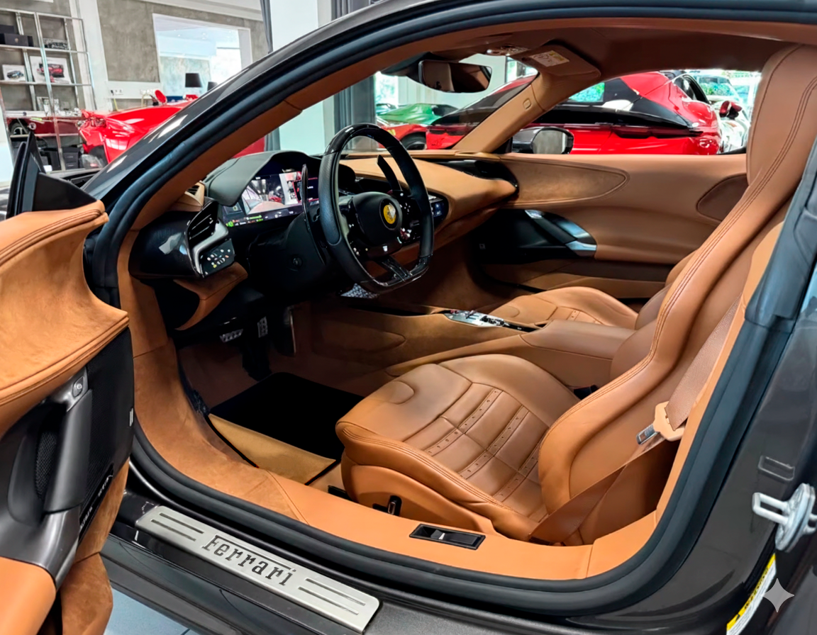 フェラーリ SF90 ストラダーレ (2019-2024) 用ブラックフロアマット ゴールドレザー