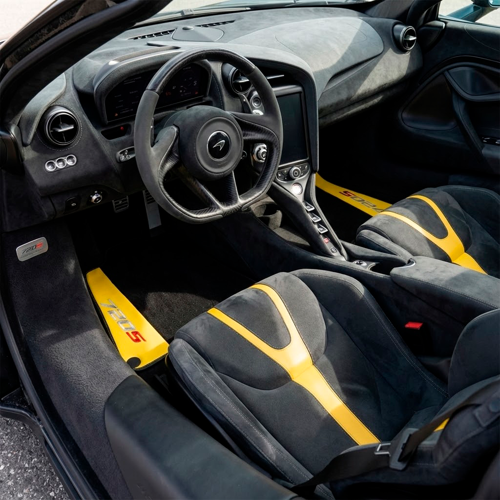 Interior look of floor mats for Black Floor Mats For McLaren 720S Year 2017-2021 With Yellow Leather