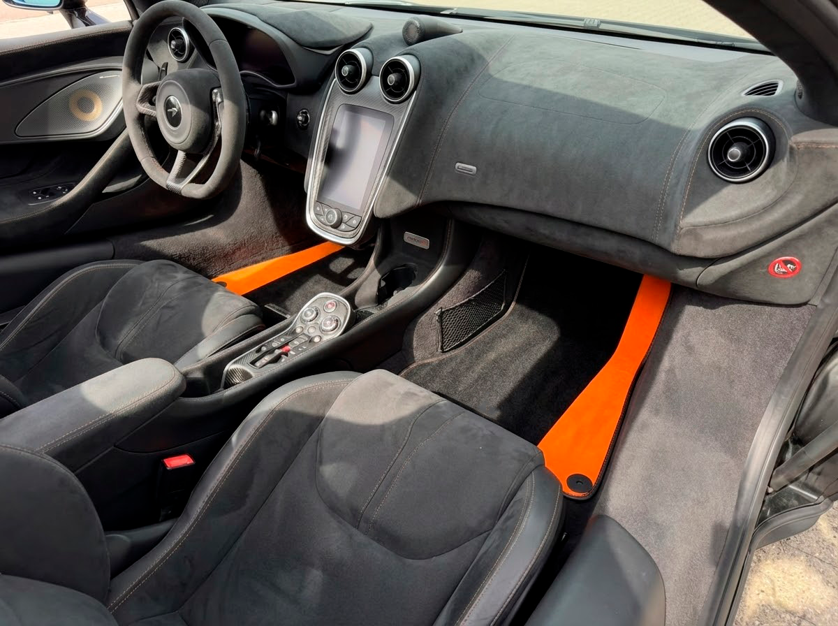 Interior look of floor mats for Black Floor Mats For McLaren 600 LT (2018-2020) With Orange Alcantara Leather