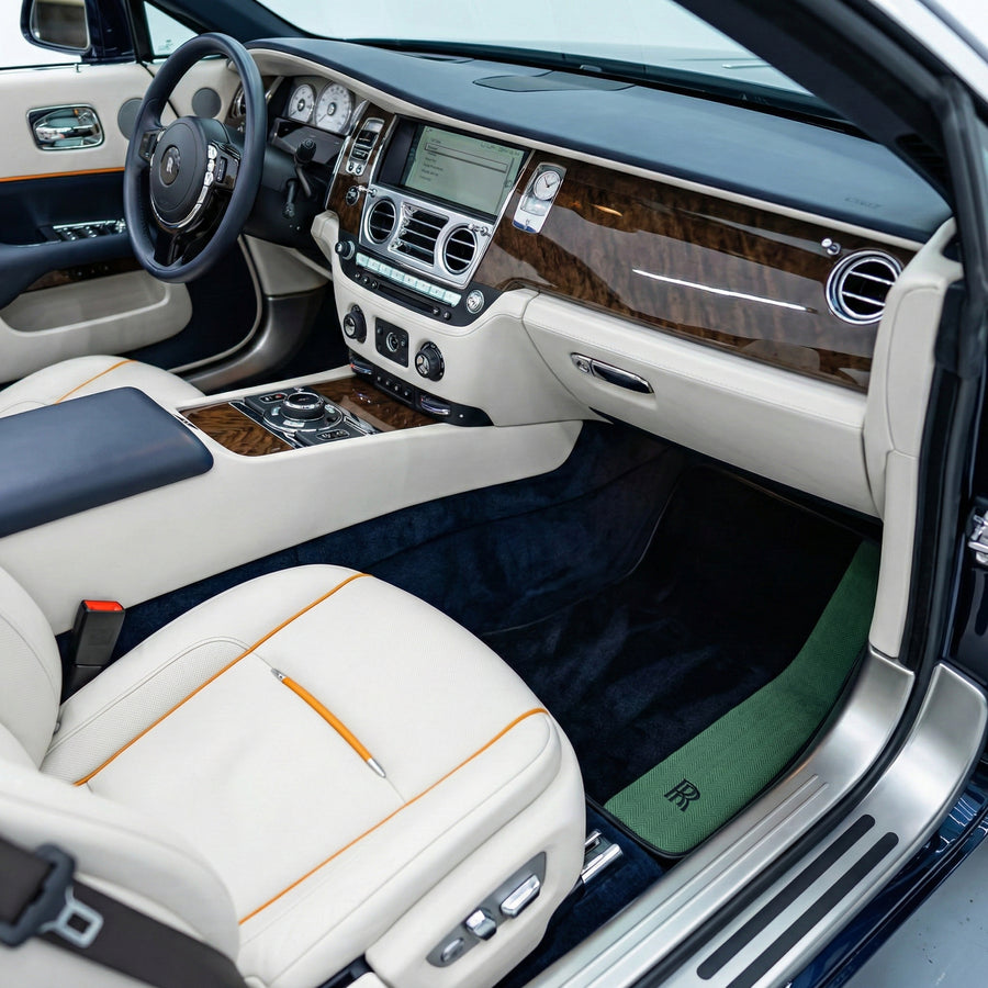 Black Floor Mats for Rolls Royce Dawn (2016-2023) with Green Leather