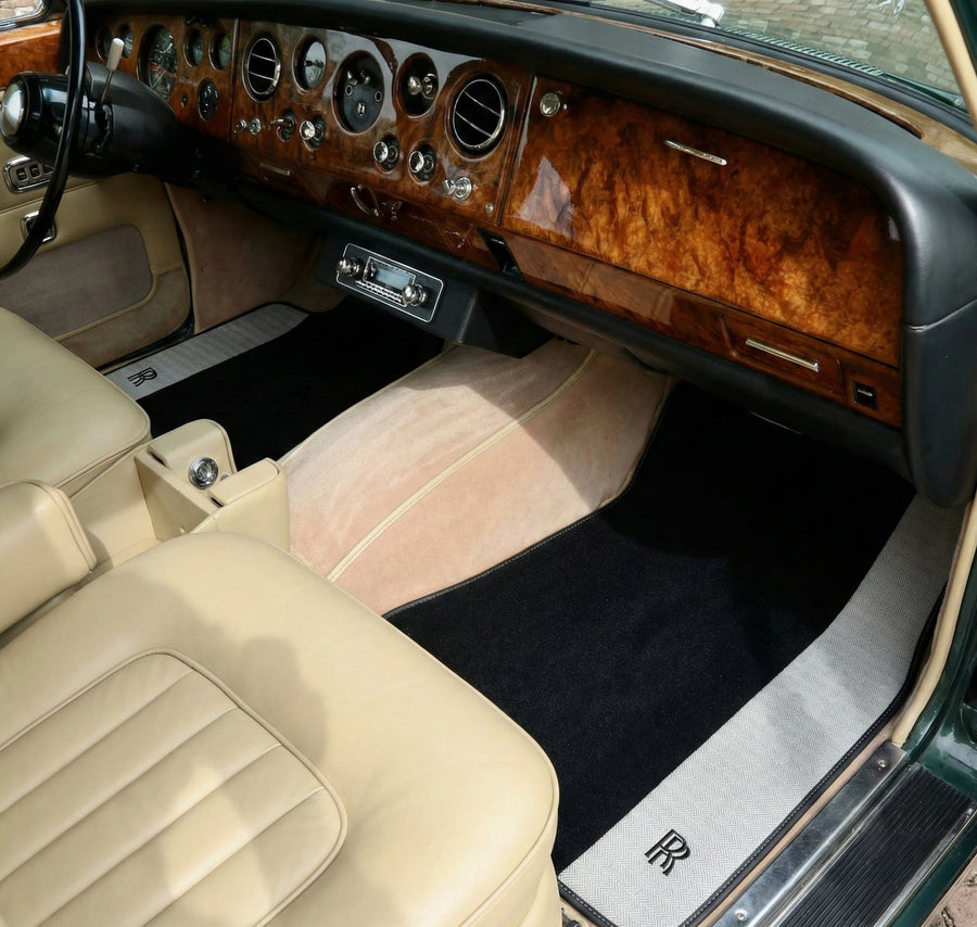 Schwarze Fußmatten für Rolls Royce Shadow (1965-1977) mit grauen Lederrändern