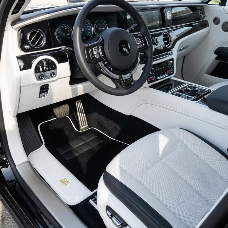 Black Floor Mats for Rolls Royce Spectre 2023-2024 with White Leather | RR Logo