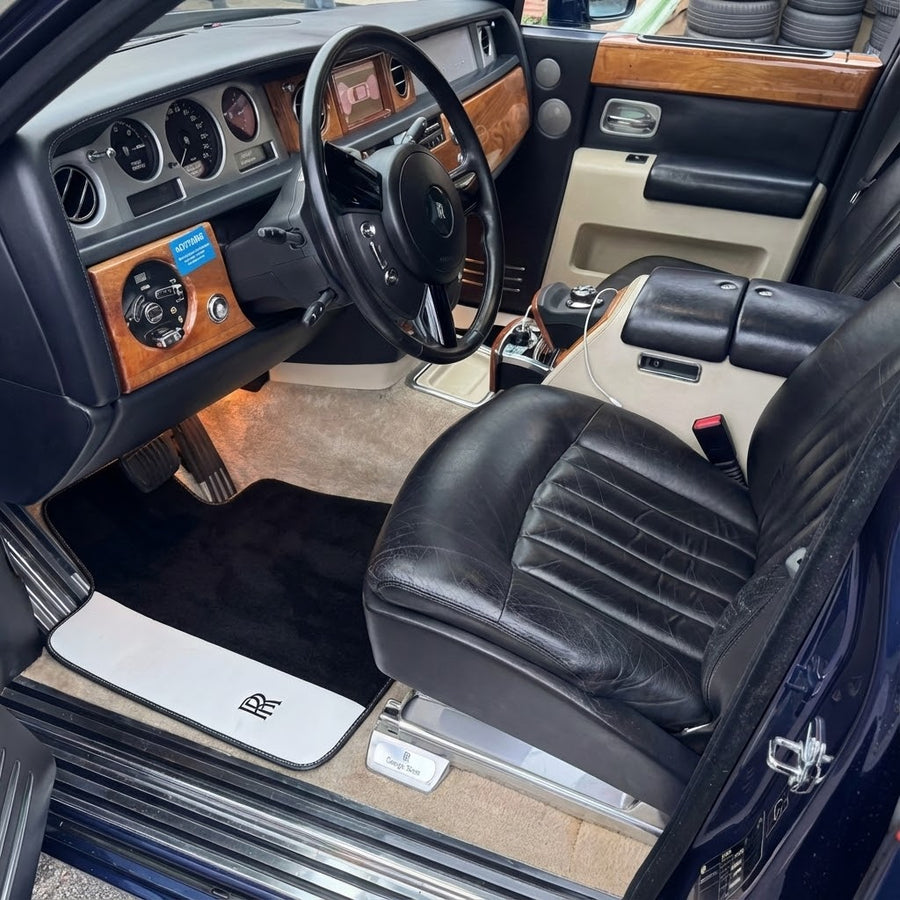 Black Floor Mats for Rolls Royce Phantom Sedan (2003-2016) with White Leather | RR Logo