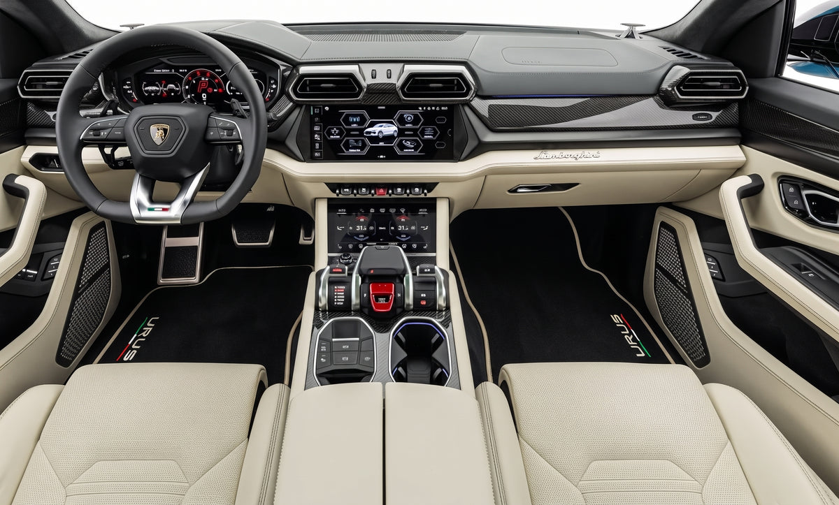 Interior look of floor mats for Black Floor Mats For Lamborghini Urus With Carbon Fiber Leather