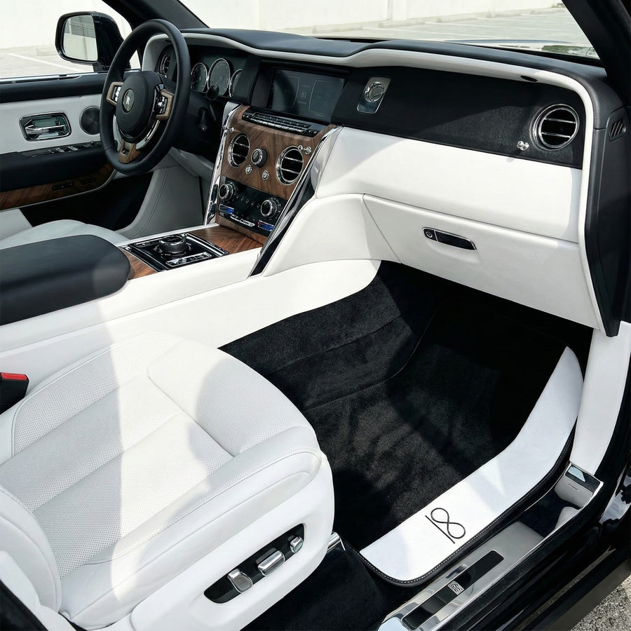 Schwarze Fußmatten für Rolls Royce Black Badge Cullinan weißes Leder