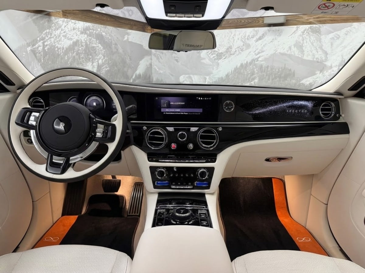Schwarze Fußmatten für Rolls Royce Spectre (2023–2024), orangefarbenes Alcantara-Leder