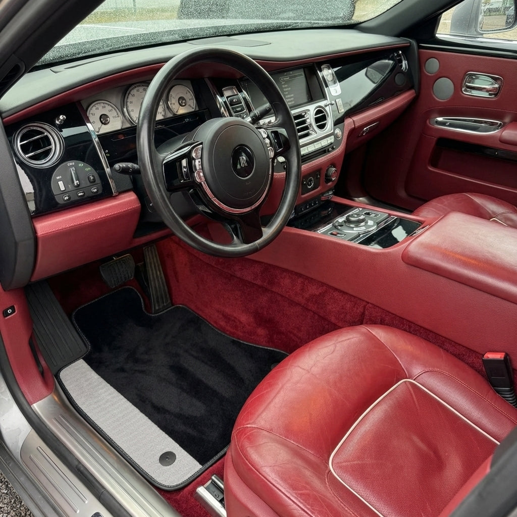 Black Floor Mats for Rolls Royce Ghost Series II 2021-2024 with Gray Leather Borders