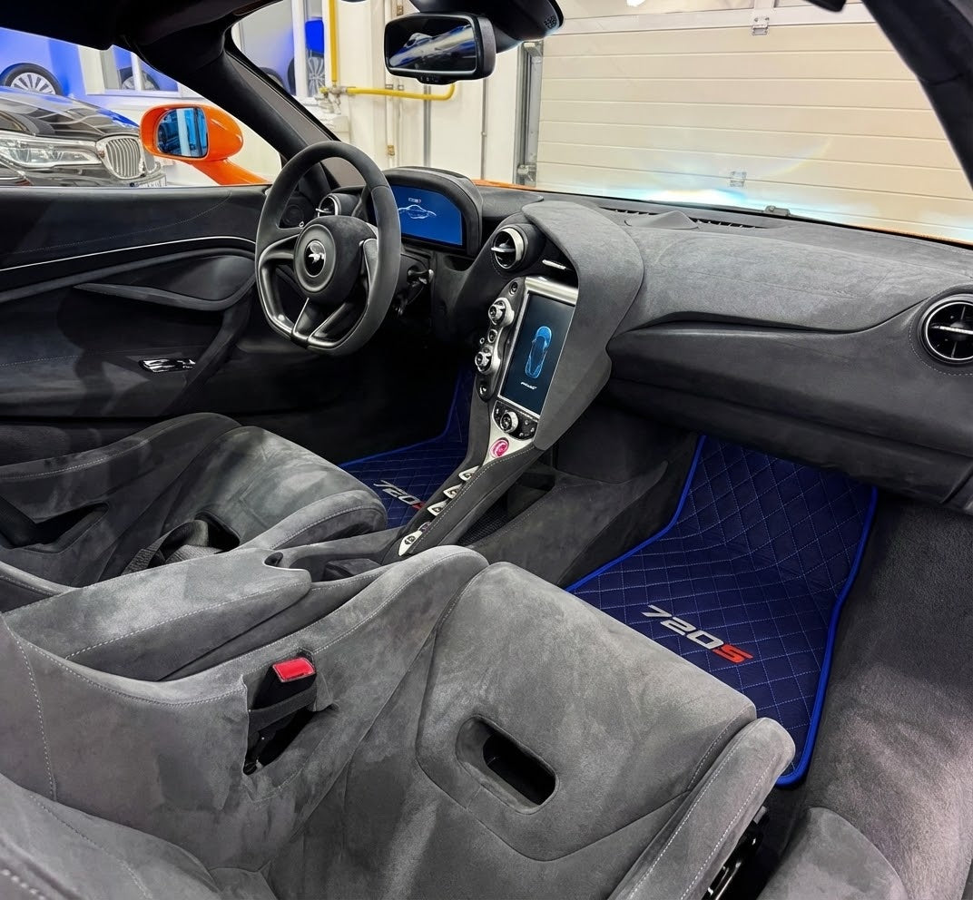 Interior look of floor mats for Dark Blue  Leather Floor Mats For McLaren 720S