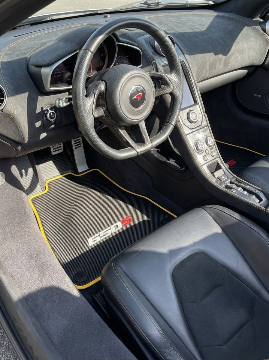 Black Floor Mats For McLaren 650S Black Tailored With Yellow Leather - AutoWin.EU