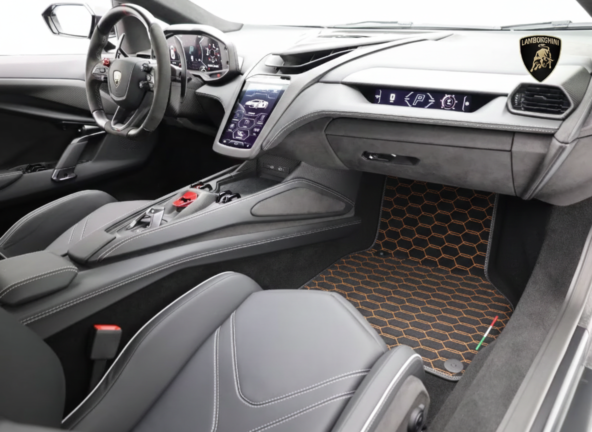 Schwarze Lederfußmatten für Lamborghini Revuelto (2024-2026) - Orange Nähte