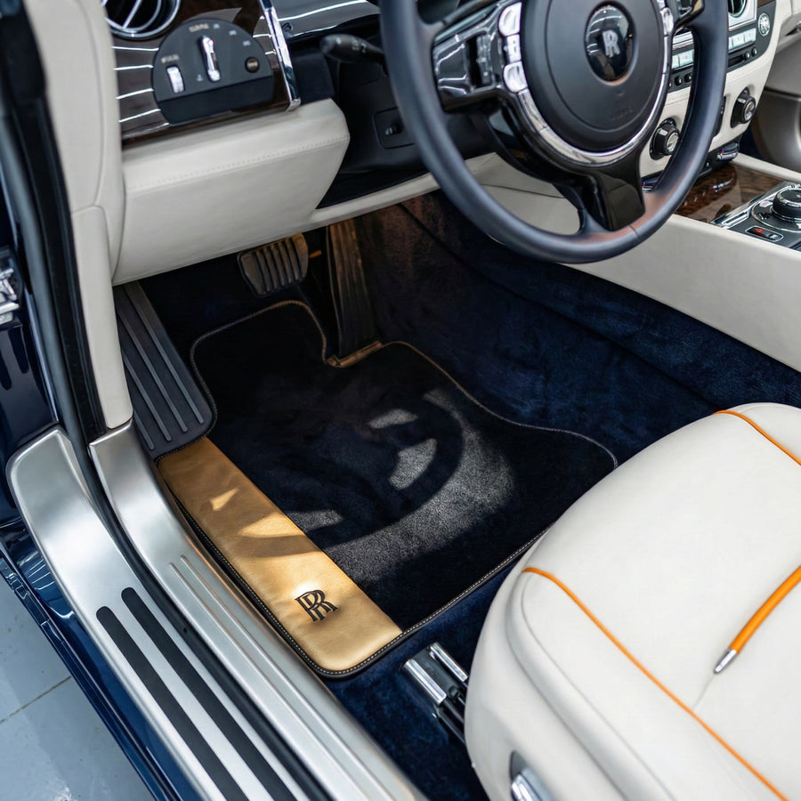 Black Floor Mats for Rolls Royce Dawn (2016-2023) with Gold Leather