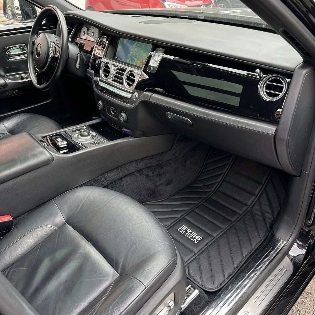 Schwarze Lederfußmatten für Rolls Royce Ghost Serie II (2021-2024) ER56 Design