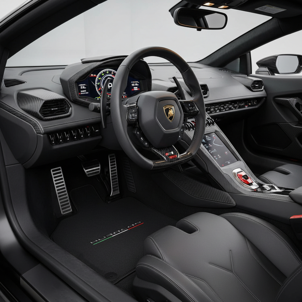 Black Floor Mats for Lamborghini Huracan STO With Black Leather - AutoWin.EU