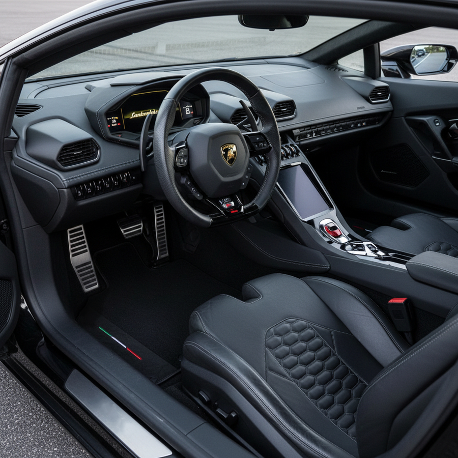 Schwarze Fußmatten für Lamborghini Huracan STO mit Leder | Italienische Flagge