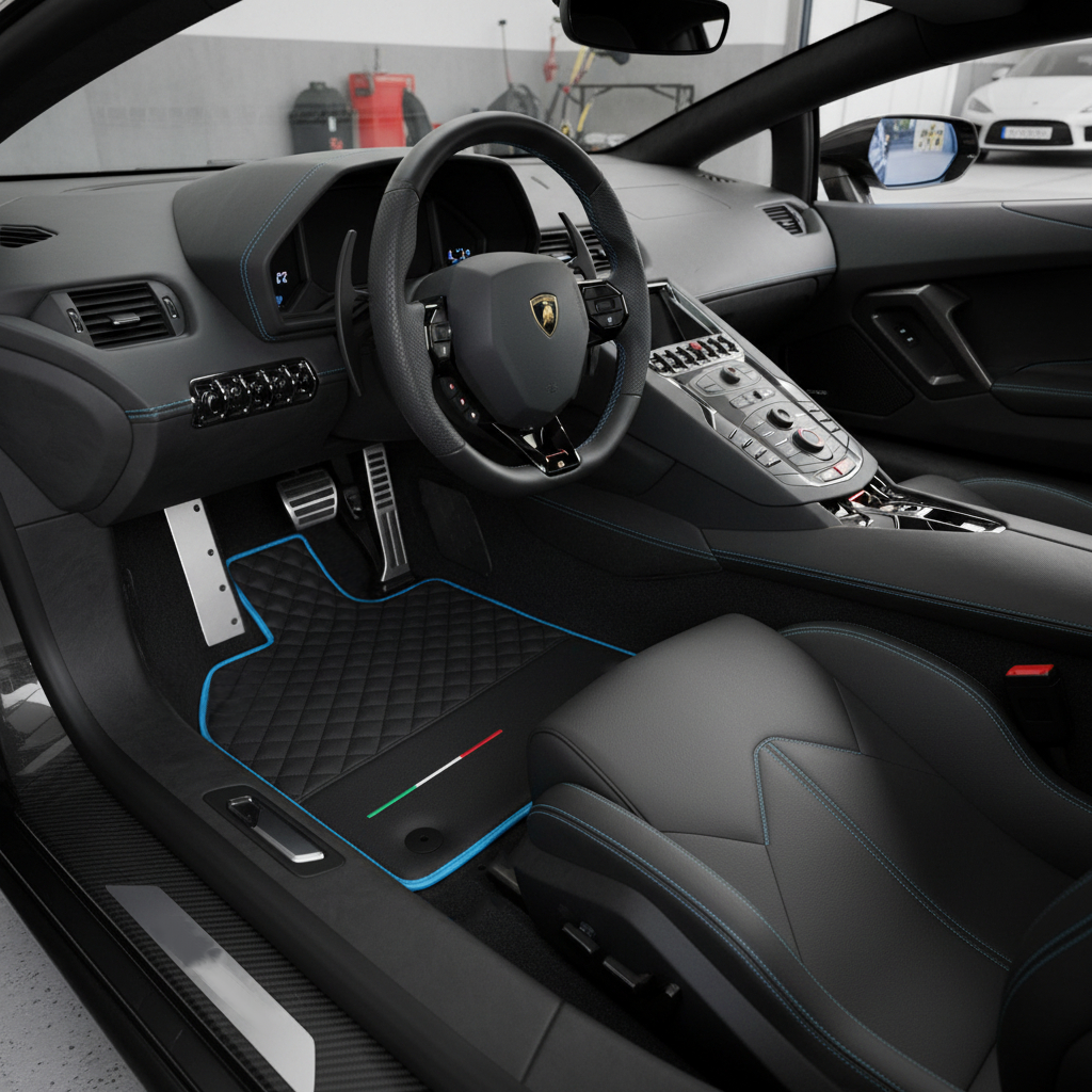 Interior look of floor mats for Customizable Black Leather Floor Mats For Lamborghini Aventador